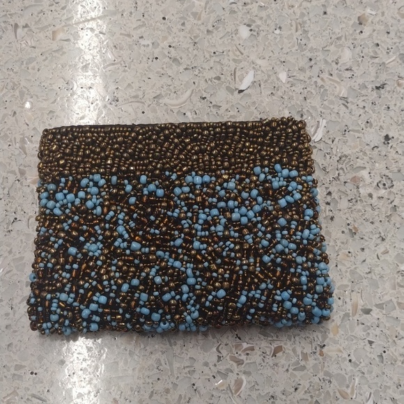 Beaded sky blue and brown beads clutch, Size 8 by 5 - Picture 5 of 8